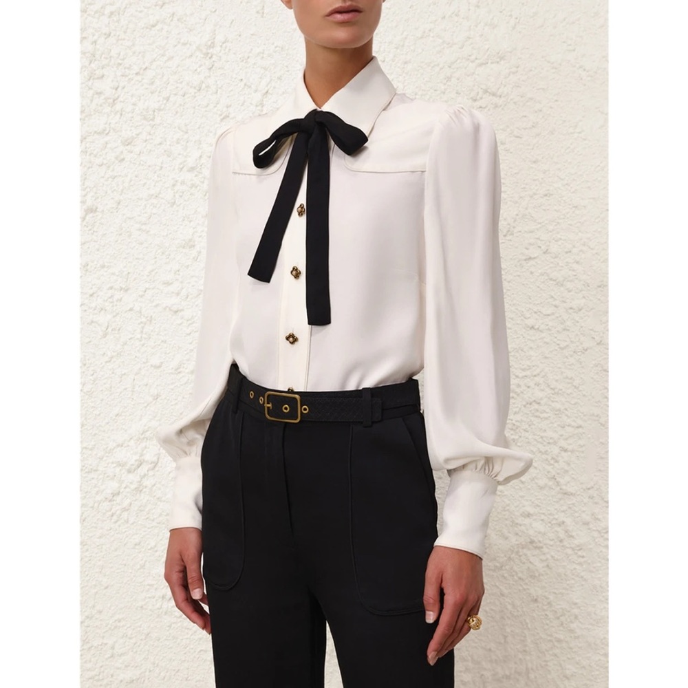 NWT - ZIMMERMAN Women's White Blouse with Black Bow